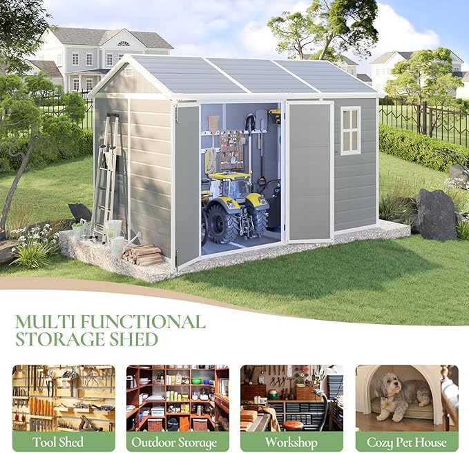 10.5x7.6x7.5 ft Outdoor Resin Storage Shed with Floor, Windows & Air Vents, Large Waterproof Tool Shed for Backyard, Garden, Lawn Equipment & Bikes, Grey