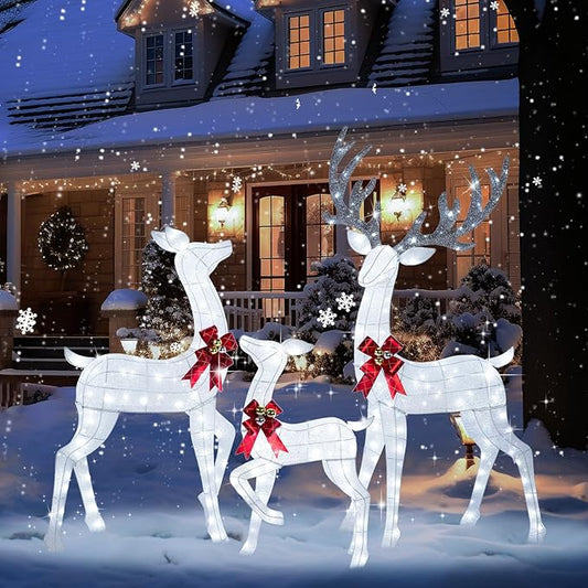 72Inch Light Up Reindeer Outdoor Christmas, 3-Piece 3D Lighted Christmas Deer Family Set with 240 LED Cool White Lights for Yard Patio Lawn Garden Party, White