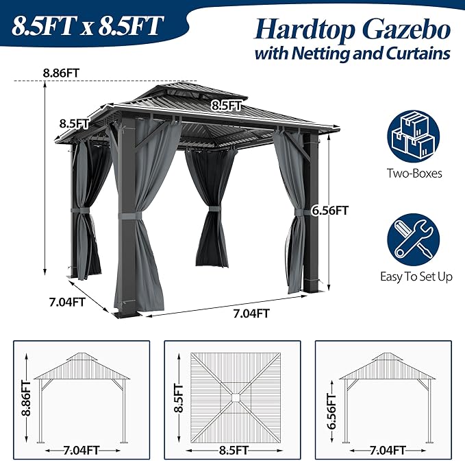 COVERONICS 8.5' x 8.5' Outdoor Hardtop Gazebo - Aluminum Heavy-Duty Double Roof Vented Gazebo with Breathable Netting & Privacy Curtains for Patio, Porch, Garden, Lawn