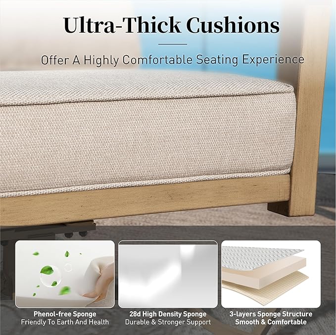 Patio Conversation Set,5 Pcs Metal Outdoor Furniture with 3-Seater Sofa,2 Single Chairs,Metal Nested Table and 5.75" Extra Thick Cushion for Lawn Garden Backyard,Beige