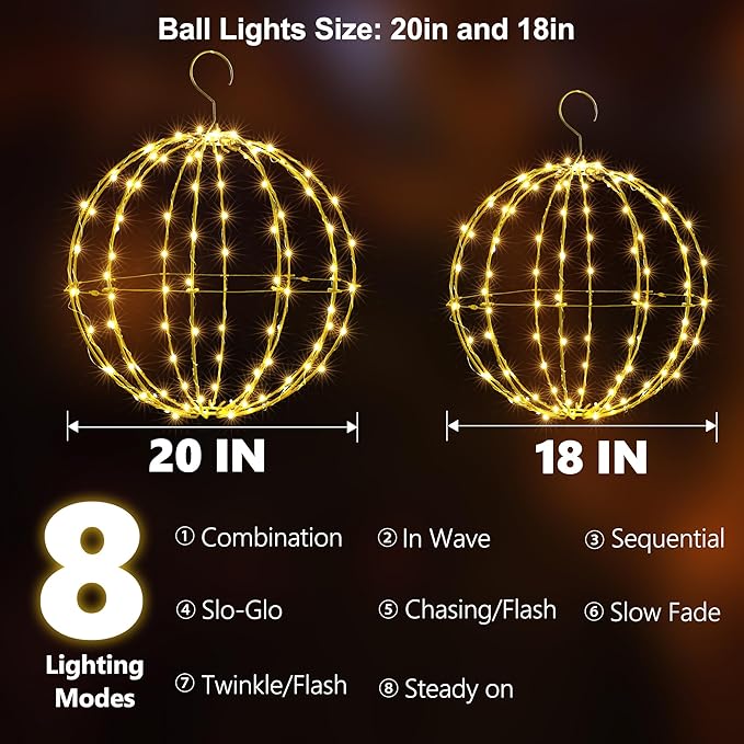 Joomer 2 Pack Christmas Big Ball Lights, 20IN & 18IN Foldable Metal Sphere Lights Waterproof with Timer, Plug-in Hanging Tree Globe Light for Christmas Decorations-Warm White (Non-connectable)