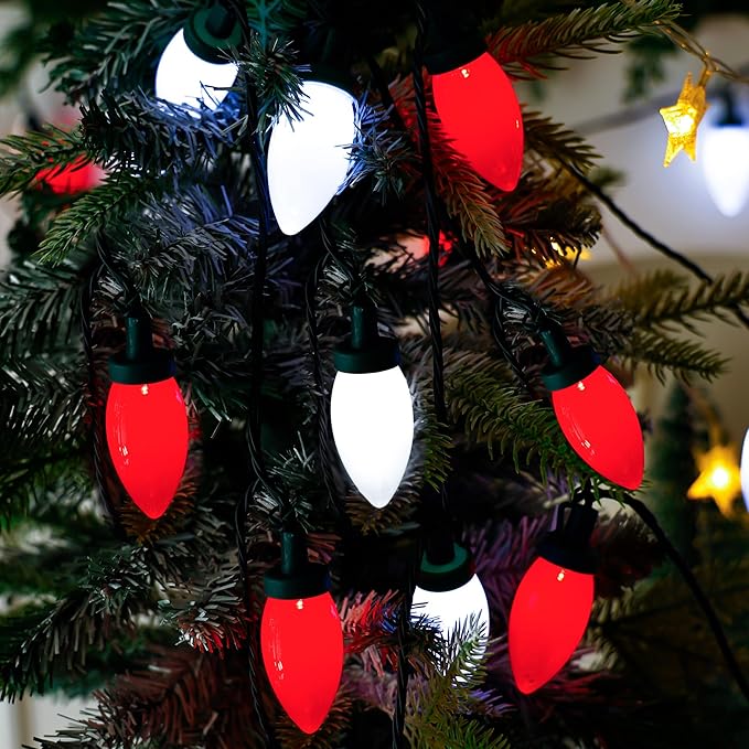 HAYATA C9 Bulbs Classic Christmas Lights - 50 LED 32ft Strawberry String Light Red&White - Extendable 8 Modes Funtion with Timer Fairy Lighting for Outdoor, Indoor, Party, Home, Tree Decorations