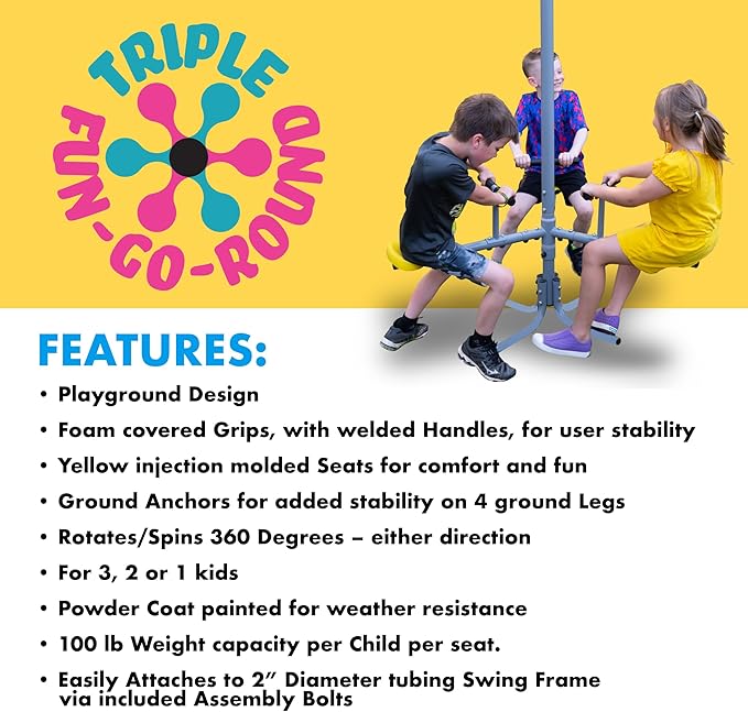 Fun Forever - 8 User Metal Swing Set with 6' Wave Slide and The Triple Fun-Go Round Add-On by XDP Recreation