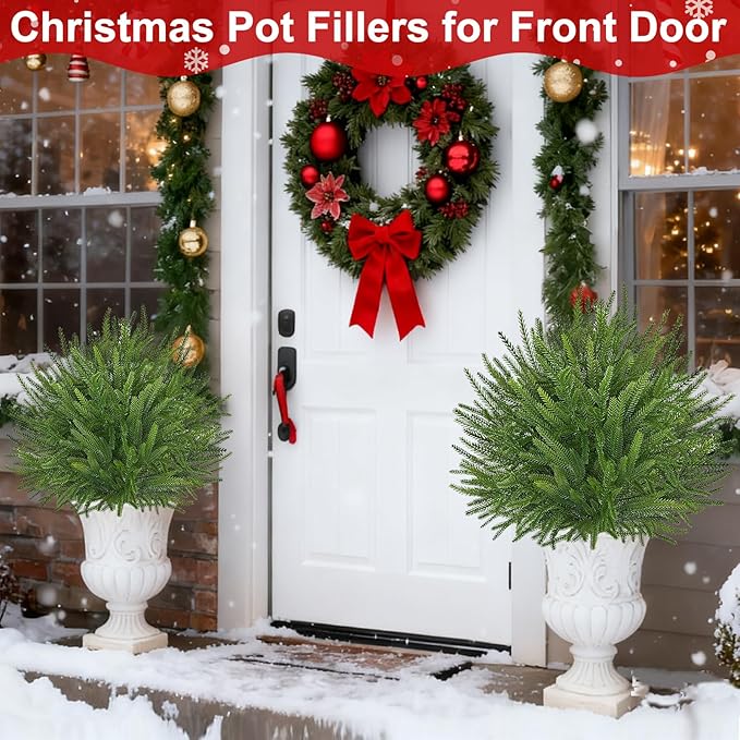 2 Pack 24'' Artificial Norfolk Christmas Topiary Ball Trees, Realistic Norfolk Pine Topiary with Spike Fake Ball Shrubs Plants Christmas Pot Fillers Outdoor Front Porch Door Garden Yard Decorations