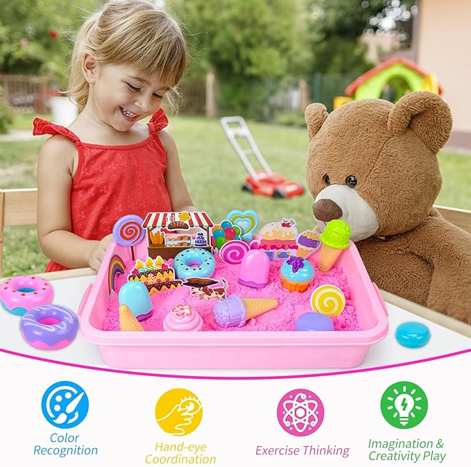 Sensory Bin, Ice Cream Play Sand Set with Magic Sand Toy for Kids, Ice Cream Toys Molds and Cleaning Tools Sandbox with Lid Sand Art Kits for Girls Toddlers Birthday Valentines Gifts