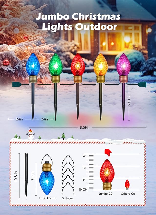 Minetom Strawberry Jumbo C9 Christmas Pathway Lights Outdoor - 8.5FT 5 LED Walkway Lights Outdoor, Christmas Hanging Decoration Outside,Giant Christmas Lights Outdoor for Lawn Holiday Yard, Multicolor