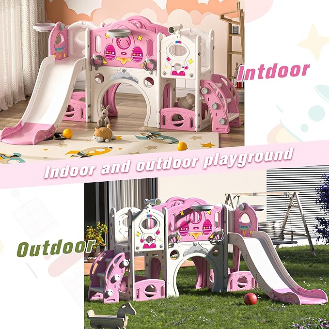 9 in 1 Toddler Slide and Climber Playset Freestanding Backyard Playground for Children Age 1-4, Indoor Outdoor Kids Slide with Basketball Hoop,Telescope, Ring-toss and Storage Space