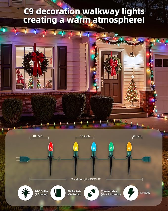 Brightown Christmas Pathway Lights Outdoor,Driveway Lights with 40 Multicolor Bulbs and Stakes, Connectable Outdoor Christmas Decorations Yard Walkway Sidewalk,Multicolor,25.7 FT x 2 Packs