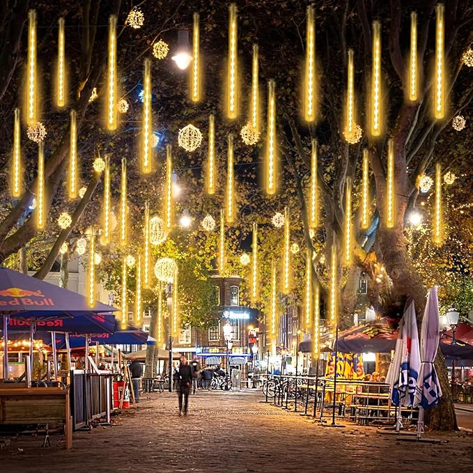Solar Meteor Shower Lights Outdoor, Waterproof Christmas Lights Decorations Solar Powered 16 Tubes 384LED Icicle String Light, Snow Cascading Rain Drop Light for Xmas Tree Garden Decor (Warm White)