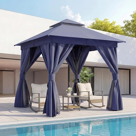 LAUSAINT HOME 8x8ft Outdoor Patio Gazebo with Double Roof, Heavy Duty Waterproof Gazebo Canopy Tent with Mosquito Netting for Backyard, Garden, Lawn & Wedding, Navy Blue