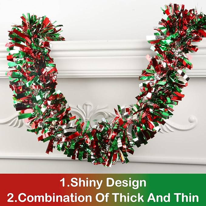 50ft Metallic Tinsel Twist Garland - Christmas Tree Hanging Decorations (Red, Green & Silver) for Indoor & Outdoor Use