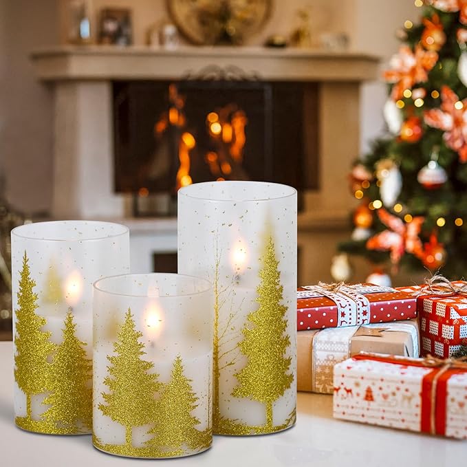 Wondise Glass Flickering Flameless Candles with Remote and Timer, Battery Operated 3D Wick LED Candles Christmas Tree for Christmas Holiday Home Decoration, Set of 3(D3 x H4,5,6 Inch)