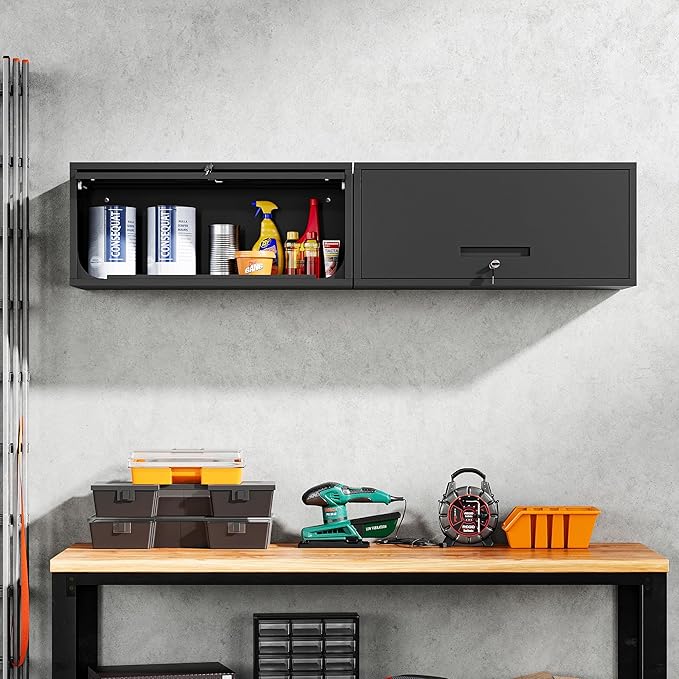 Yizosh Metal Garage Cabinet with Doors, Wall Mounted Storage Cabinet, Floating Tool Cabinet for Basement, Kitchen, Warehouse (Black, 13.7 H)