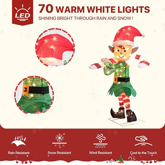 GENIMO 3D Elf Outdoor Christmas Decorations, 70 Lights Pre-Lit Elf with Candy Cane for Holiday Decor Xmas Outside Indoor Home Lawn Yard Garden Patio Stakes Zip Ties(38 in)