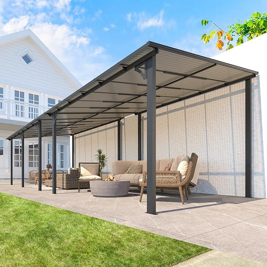 AECOJOY 26' x 10' Gazebo for Patio, Large Wall-Mounted Hard Top Lean-to Gazebo Pergola with Roof 10' x 26' on Clearance, Heavy Duty Patio Awnings for Decks, Backyard