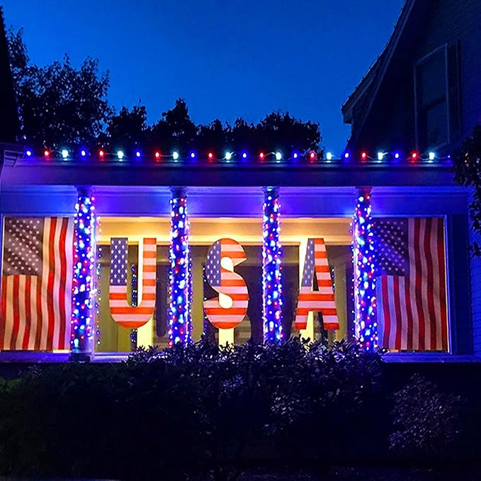 kemooie 4th of July Decorations Lights, 500 LED Red White and Blue Lights, 164FT 8 Twinkle Modes Plug in Waterproof for Outdoor Patio Balcony Garden Christmas 4th of July Decorations