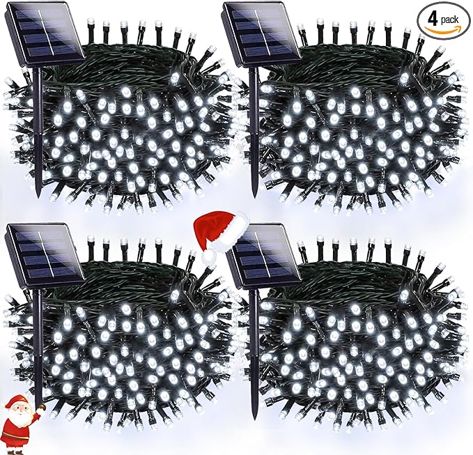 OZS 4 Pack 320LED Solar String Lights Outdoor, Waterproof 8 Modes Solar Tree Light, Green Wire Christmas Lights Outdoor for Garden, Party, Wedding, Christmas Decorations (Cool White)