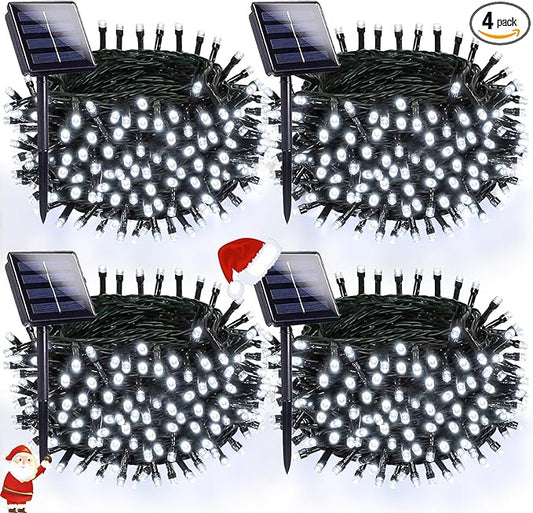 OZS 4 Pack 320LED Solar String Lights Outdoor, Waterproof 8 Modes Solar Tree Light, Green Wire Christmas Lights Outdoor for Garden, Party, Wedding, Christmas Decorations (Cool White)
