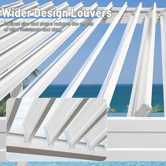 10’ x 16’ Louvered Pergola, Outdoor Pergola Aluminum Frame with Adjustable Rainproof Metal Roof, Permanent Sun Shade with Drainage System for Backyard, Garden and Lawn (White)