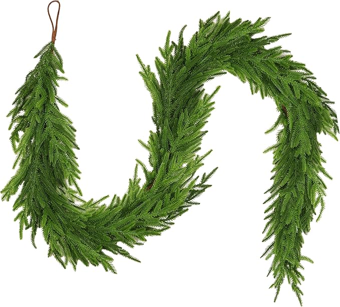 9 FT Christmas Norfolk Pine Garland Real Touch Artificial Faux Greenery Pine Christmas Garland Decorations for Home Mantle Table Stairs Door Fireplace Indoor Outdoor Xmas Holiday Decor