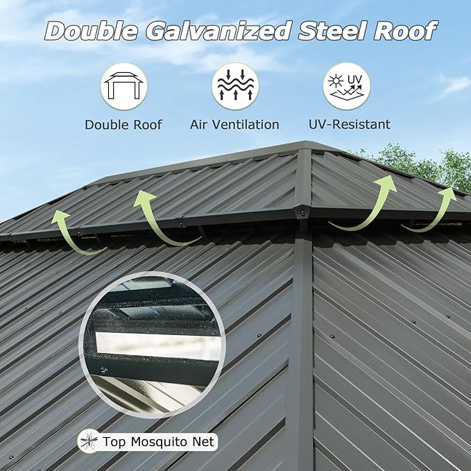 Domi 12' x 18' Hardtop Gazebo Metal Gazebo with Galvanized Steel Double Roof Canopy, Curtains and Netting for Party, Wedding, Outdoor Dining, Patio, Backyard, Grey
