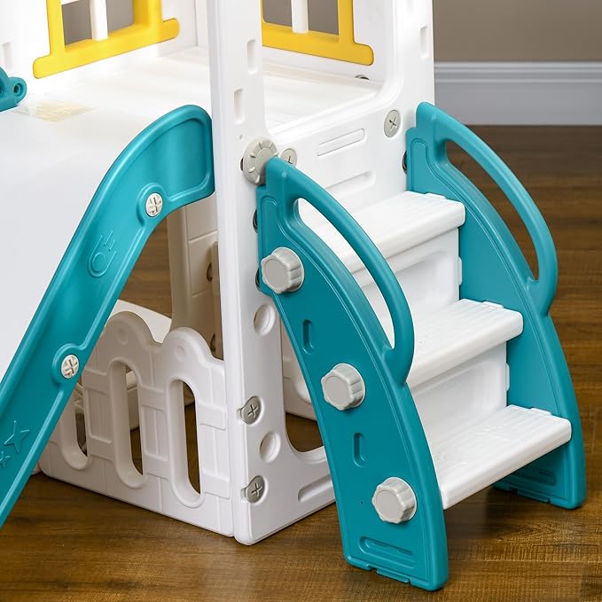 Qaba 6 in 1 Toddler Slide and Swing Set, Toddler Playground for Ages 1-3 Years with Basketball Hoop, Climber, Storage Space, Telescope, Indoor/Outdoor Playset, Yellow