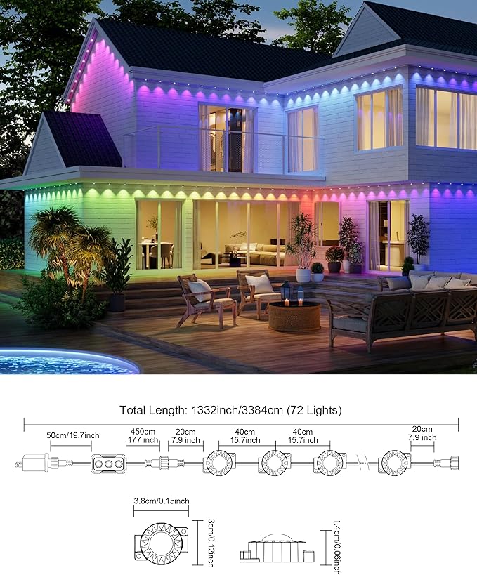 Permanent Outdoor Lights, 111ft with 72 RGBIC LED Light with App Control, Waterproof Permanent Christmas Lights for Outside Roofline Decor, Garden Decor, House,Party, Holiday Xmas Decoration