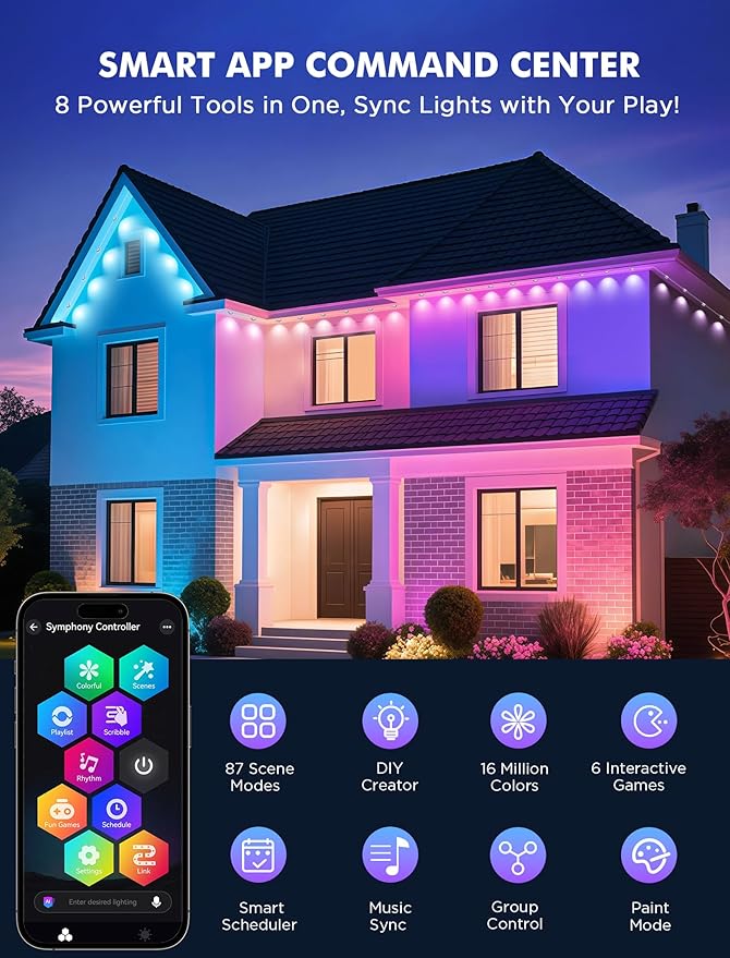 FNY Permanent Outdoor Lights 150ft Smart RGB with 90 LED, IP67 Waterproof for Outdoor Decor, App/Remote Control Eaves Lights Compatible with Alexa, Google Assistant, DIY Scene Modes for Christmas