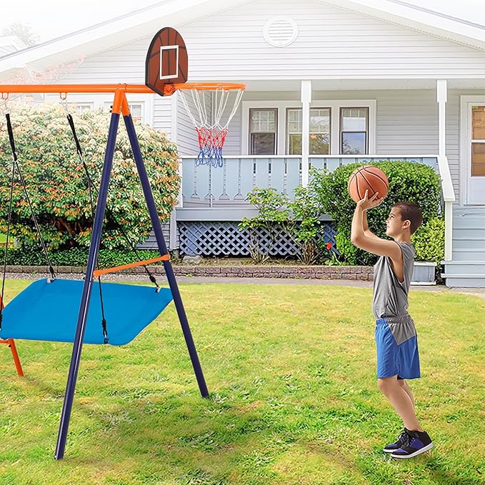 Outdoor Metal Swing Set for Kids, Heavy-Duty Metal Playground Set with Swings, Climbing Ladder, Trapeze Bar & Basketball Hoop, 660lbs Max Weight