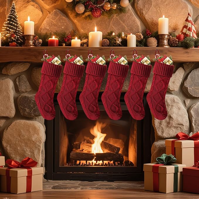 Christmas Stockings 18 Inches,Long Knitted Socks Christmas Decoration Hanging Stocking Fireplace Xmas Tree Stocking for Home Family（6P-red）
