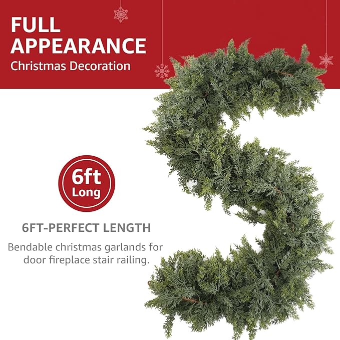 Cedar Christmas Garland for Mantle - Decorations with Lights 6 ft Realistic Lighted Faux Pine Garlands for Xmas Home Decoration Indoor Stairs Railing Fireplace Outdoor 6ft Prelit Garland Door Decor