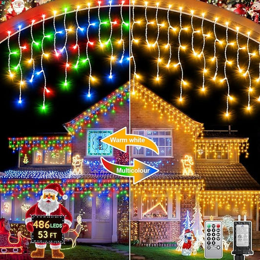 Christmas Lights Outdoor, 53 FT 486 LED String Lights for Outside, Timer & Memory, Plug in 8 Modes Hanging Fairy Lights with 108 Drops for House Eaves Holidays Decorations Multicolor to White