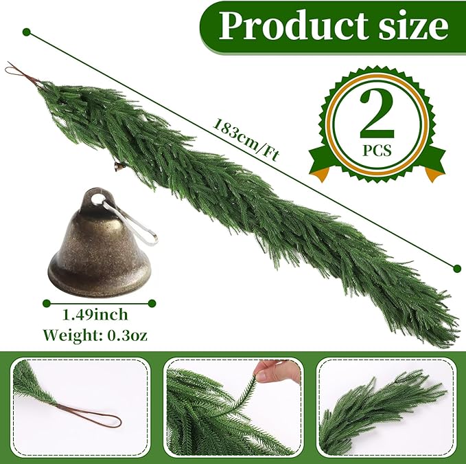 Christmas Garland of Artificial Norfolk Pine 2 Pcs 6 FT Christmas Decorations Indoor of Real Touch Garland with Bells Green Greenery Garland for Table Mantle Wall Stairs Home Outdoor （Green）