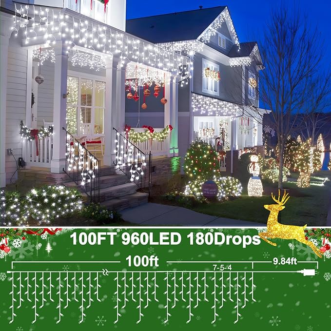 SAUIRS 100FT 960 LED Christmas Lights Outdoor Decorations with 180 Drops Timer 8Mode Curtaing String Lights Waterproof Fairy Lights for Indoor,Xmas,Party,Patio,Window,Fence,Trees Decor(Cold White)