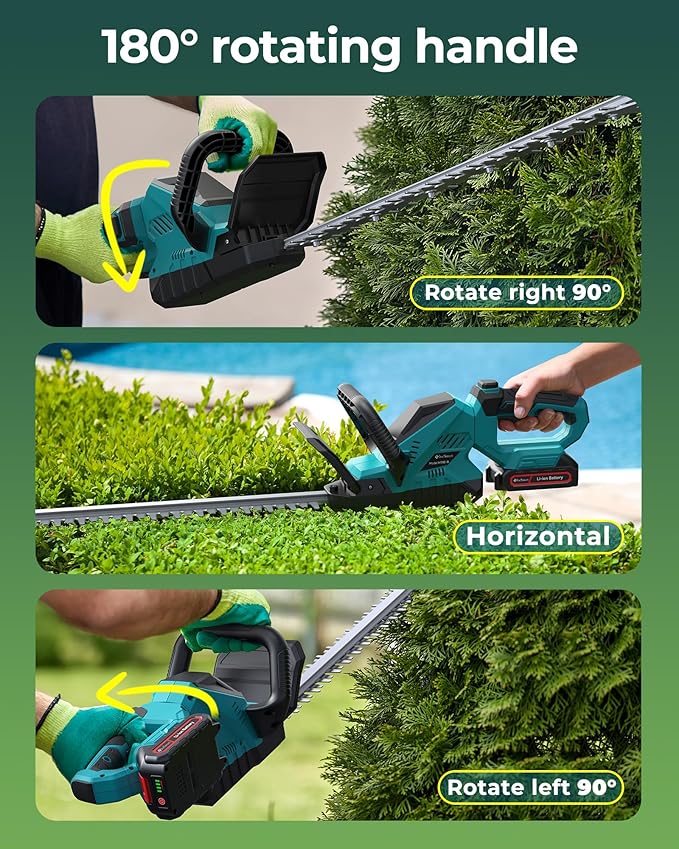 20'' Hedge Trimmer Cordless with Battery, Electric Handheld Bush Clipper with 2 Pack Rechargeable Batteries, 3000RPM 180¡Æ Rotatable Head, 2/3'' Blade Gap