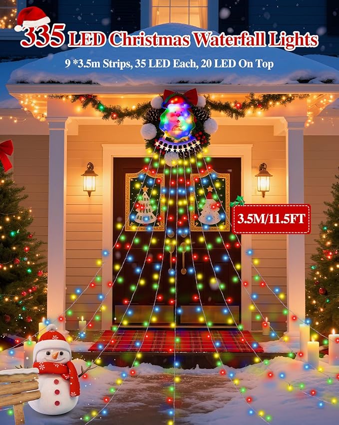Christmas Decorations Outdoor String Lights - 335 LED 11.48ft 9 Strands Waterfall Tree Lights with Topper, 8 Lighting Modes Christmas Lights Indoor Decorative for Wedding Yard Party Home