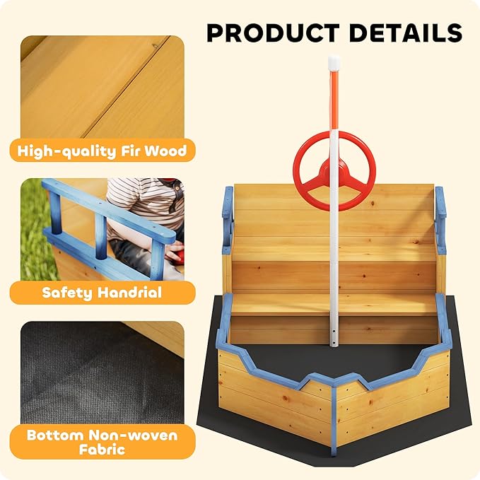 Outsunny Wooden Kids Sandbox, Ship-Shape Outdoor Sandboat with Bench Seats, Storage, Non-Woven Fabric Cloth for Backyard, Lawn, Natural Wood