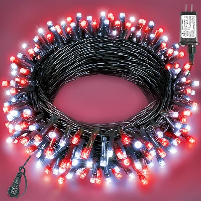 40FT 120 LED Christmas Lights Outdoor, Red White Christmas String Lights Waterproof, 8 Modes & Timer, Connectable Christmas Tree Lights for Indoor House Patio Xmas Holiday Decorations