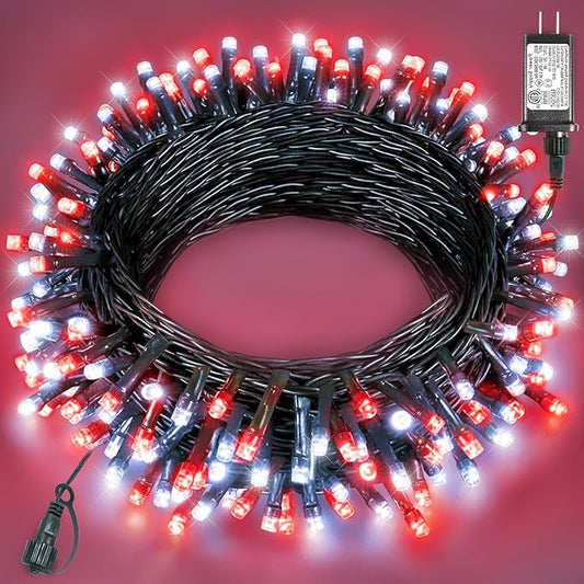 40FT 120 LED Christmas Lights Outdoor, Red White Christmas String Lights Waterproof, 8 Modes & Timer, Connectable Christmas Tree Lights for Indoor House Patio Xmas Holiday Decorations