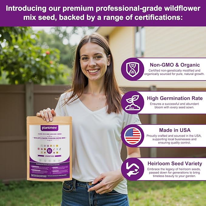 200,000+ Wildflower Seeds [4oz] 16 Variety Perennial Mix - Non-GMO, USA-Sourced Heirloom Seeds for Pollinator Gardens | Attracts Bees/Birds/Butterflies | High Germination Rate for Indoor & Outdoor
