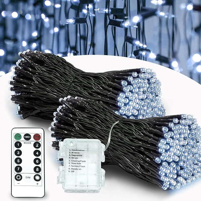 White String Lights Outdoor, 2 Packs of 36ft 100LED Battery Stringlights with Remote and Timer, Dimmable Led Christmas Lights Indoor, Twinkle Christmas Tree Lights Outdoor, Xmas Lights Decor
