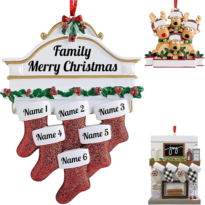 Personalized Christmas Ornaments 2023 Red Stocking Family of 2/3/4/5/6/7/8 Custom Christmas Ornament with Names Customized New Year Family Ornament for Christmas Tree Decor（Family of 6）