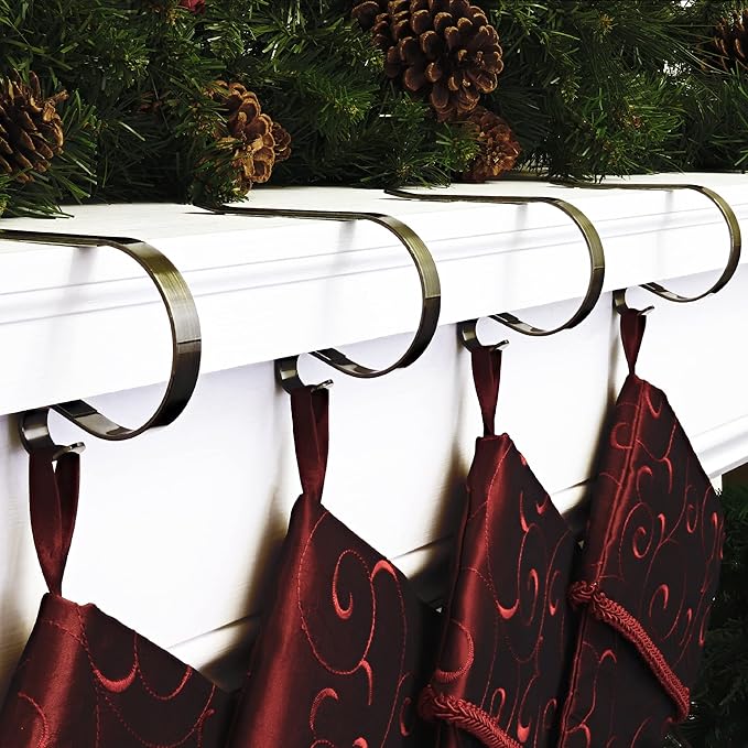 Haute Decor The Original MantleClip Stocking Holder - 4 Pack (Antique Brass) - Hang Christmas Stockings Safely and Securely from Mantels Up to 3 Inches Thick