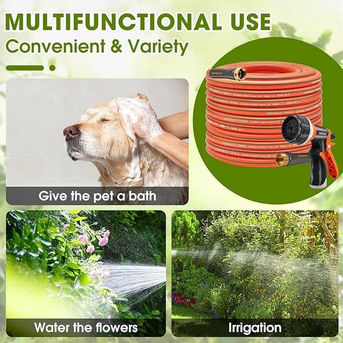 Heavy Duty Garden Hose ? 5/8 Inch Flexible, Lightweight Hybrid Hose with 600 PSI Burst Pressure, Swivel Handle, and Durable Copper Male/Female Fittings (Orange with hose sprayer, 100FT)