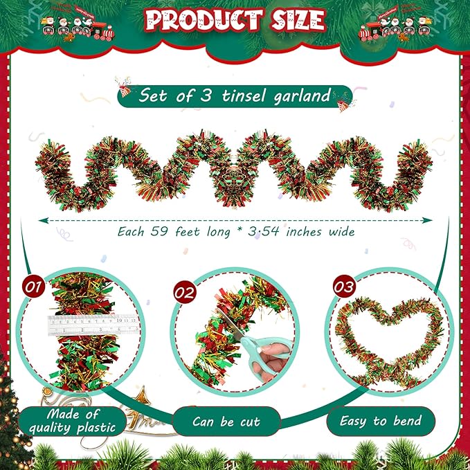 177 Feet Christmas Tinsel Garland Metallic Shiny Hanging Christmas Tree Tinsel Garland Ornaments for Indoor Outdoor Party Wedding Holiday(Red Green Gold)