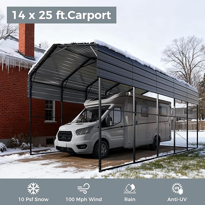 GREEN PARTY 14 x 25 ft Metal RV Carport Kits with Galvanized Steel Roof, Heavy Duty 2 Car Outdoor Car-Shed Canopy, Car Tent Metal Garage Shelter for RV, SUV, Truck, Tractors and Boats, Gray