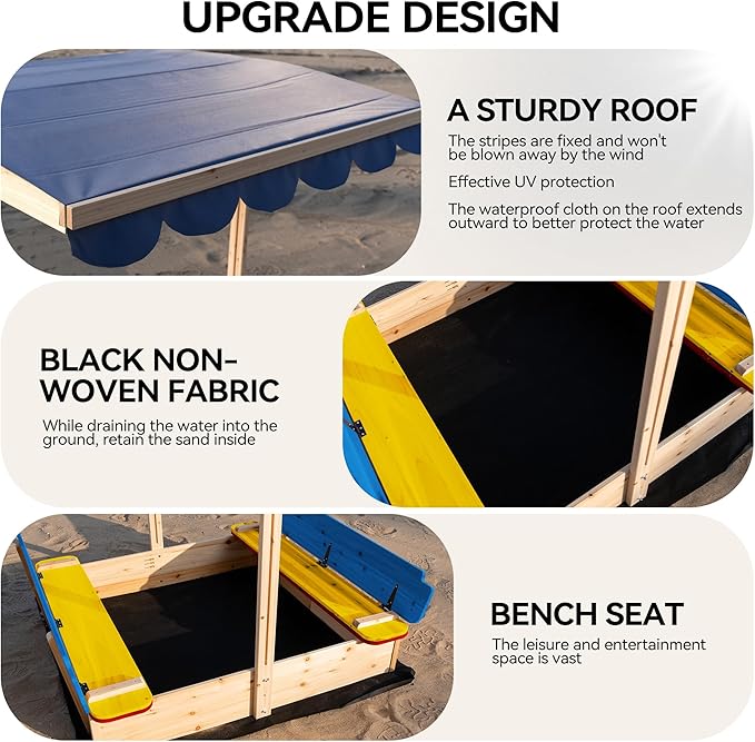 48x48 Large Wooden Sandbox with Locking Lid & Adjustable Canopy Cover - Outdoor Sand Box for Kids Ages 4-8, Foldable Bench Seats, UV-Resistant Roof, Easy-Drain Bottom Liner