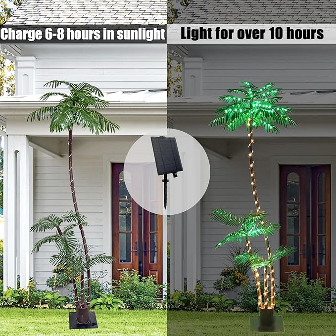 7ft Solar Lighted Palm Tree, Home Room Decor 260LED Christmas Tree, 3 Trunks Artificial Palm Trees for Outside Patio, Indoor Decorations, Outdoor Garden, Pool