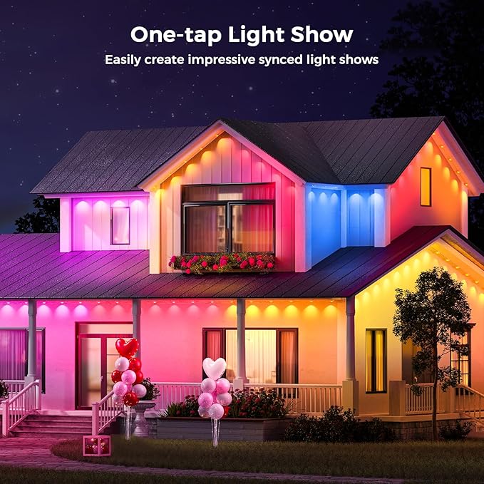 LunaSync Permanent Outdoor Lights, 150ft RGBIC Smart LED Eaves Lights with App & Remote Control, IP67 Waterproof, 50 Scene Modes for Christmas, Holiday, Pool Party & Daily Decor