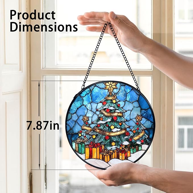 TNUW Christmas Tree Stained Glass Window Hanging, Winter Tree Xmas Sun Catchers Indoor Window Glass Round Wall Art Decor, Winter Christmas Wall Hanging Decorations, 7.9＂x7.9＂